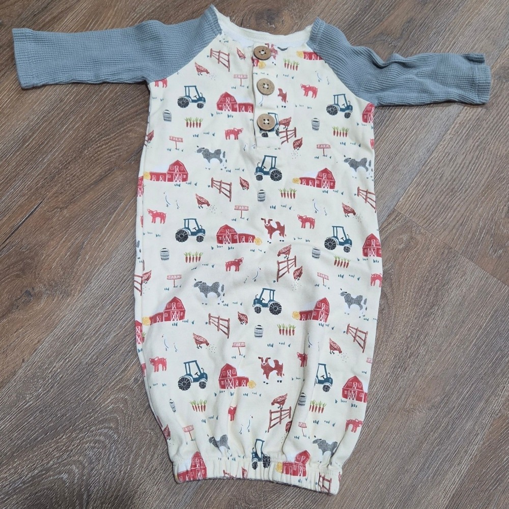 Mud Pie Baby Farm Tractor Barn Print Sleep Gown Blue Waffle Sleeve 0-3 Months